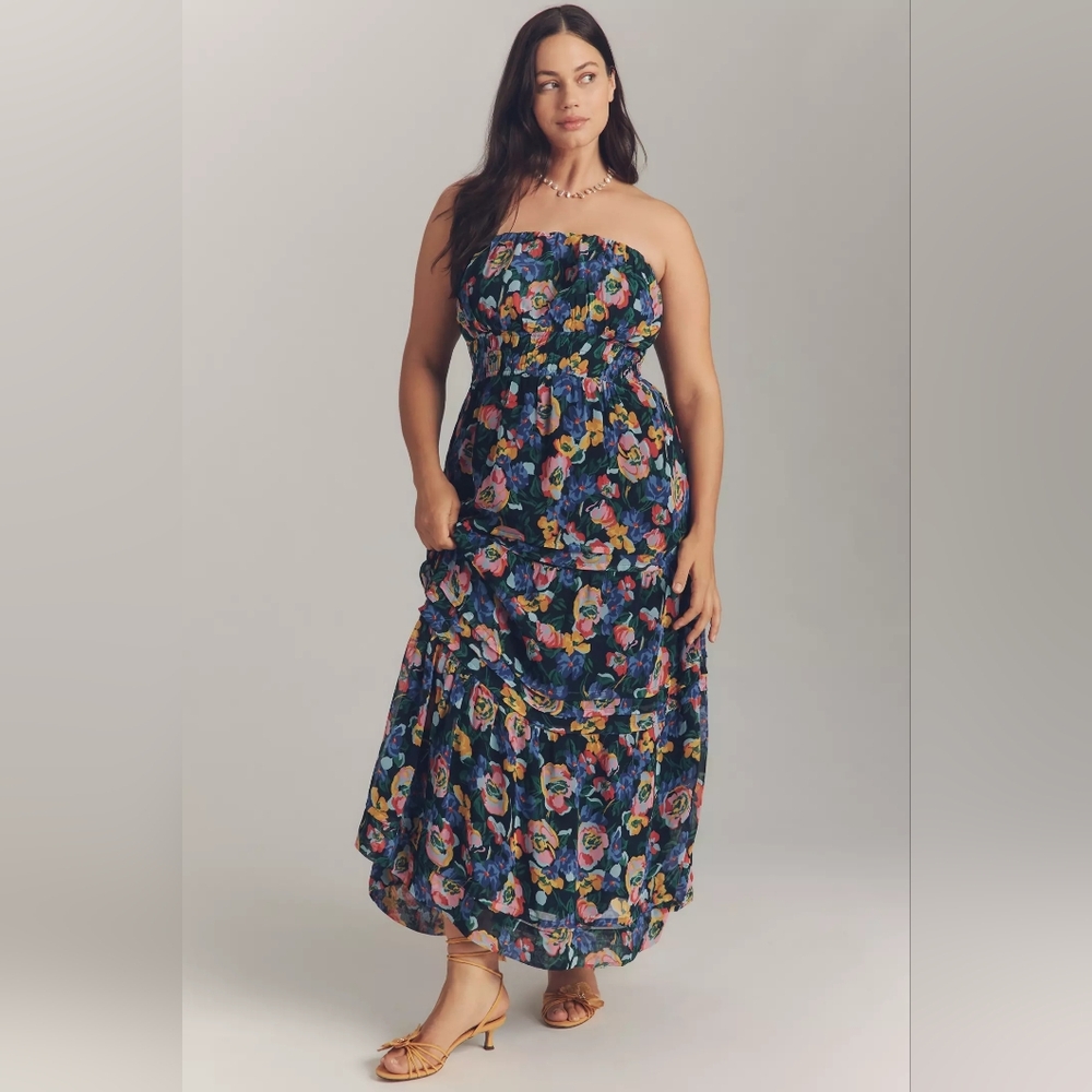 Anthropologie The Strapless Floral Elastic Waist Somerset Maxi Dress Pockets XL